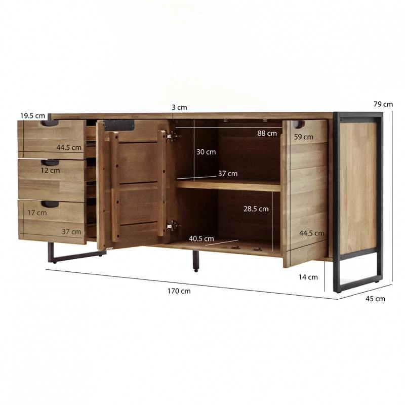 Buffet 170cm 3 Tiroirs 2 Portes Acacia 6 Buffet 170cm 3 Tiroirs 2 Portes Acacia – Image 4